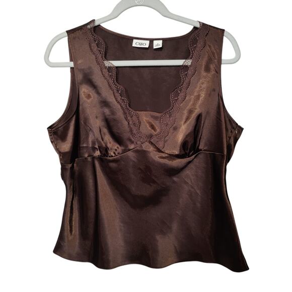 Cato Y2K Womens Sz 14 Brown Silky Babydoll Cami Lace Trim Tank Top V Neck - Picture 1 of 6